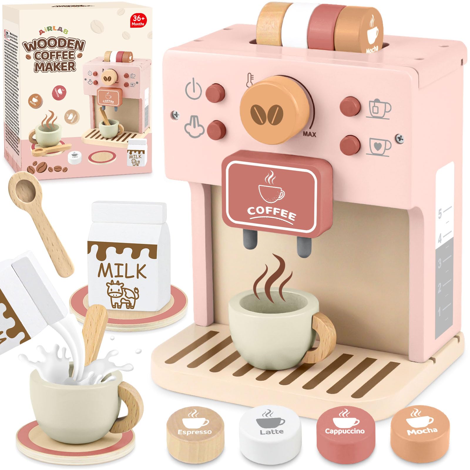 Airlab Kids coffee maker toy from the playset promotes imaginative play and fine motor skills.
