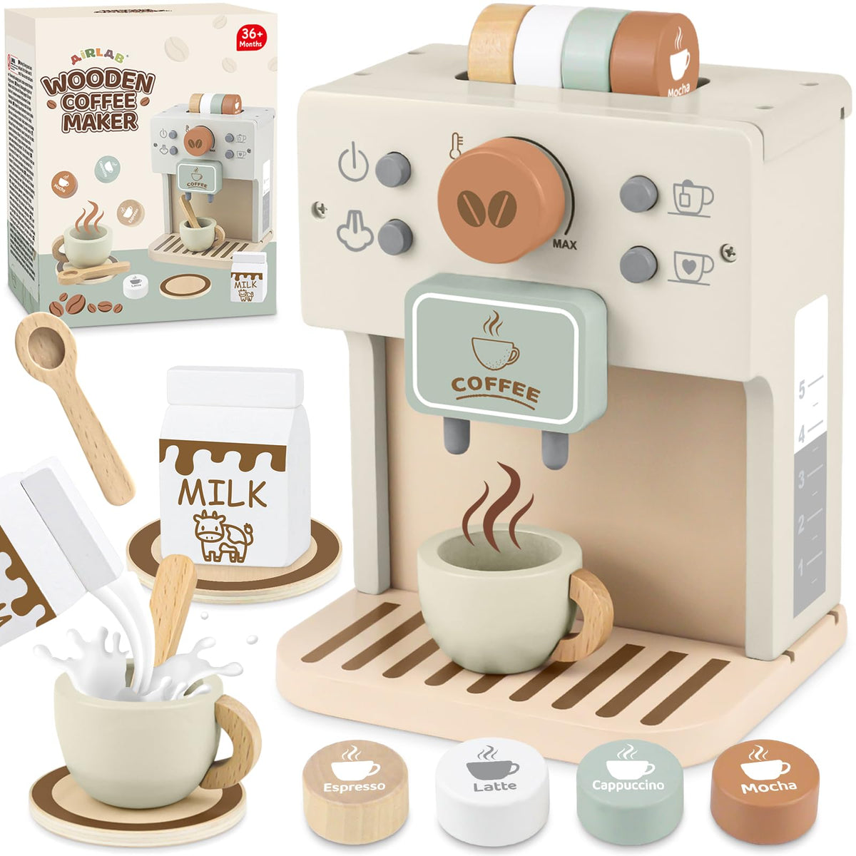 Airlab wooden coffee maker with milk jug for imaginative play and sharing.