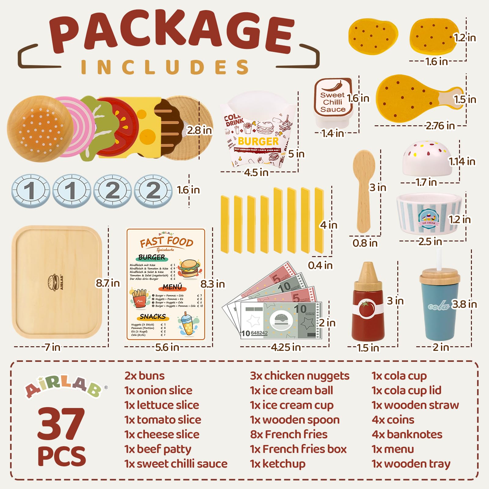 Airlab hamburger components with buns and patty for pretend cooking
