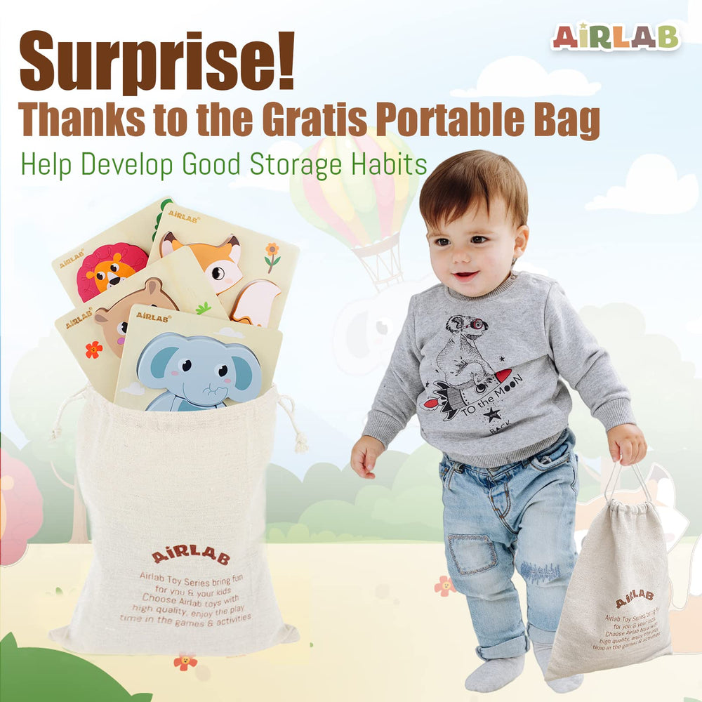 Airlab wooden-dog-shape puzzle safe for curious toddlers at home.
