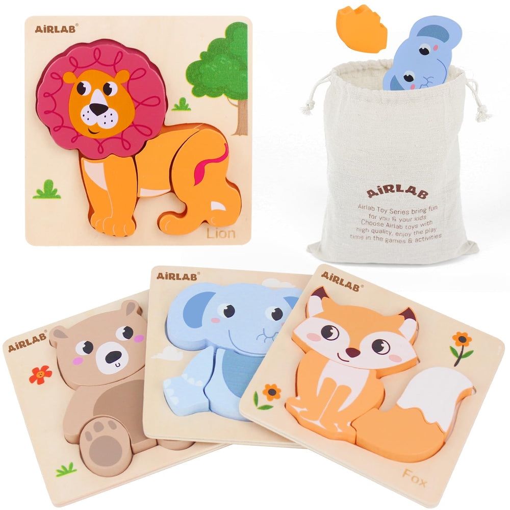 Airlab wooden lion-shape puzzle aids concentration during family time.