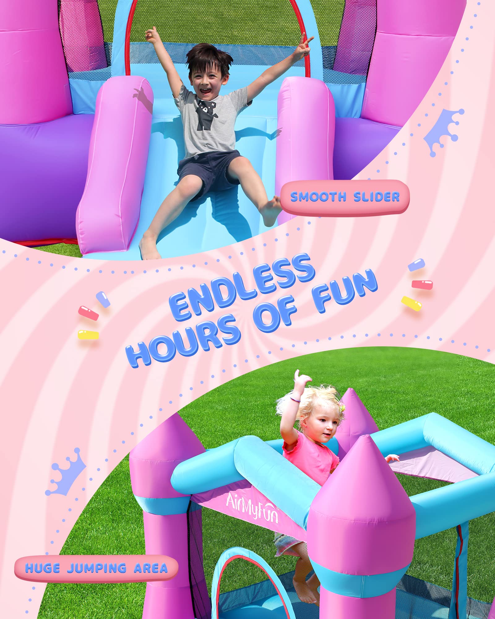 AirMyFun pink bounce house features durable, puncture-resistant materials.