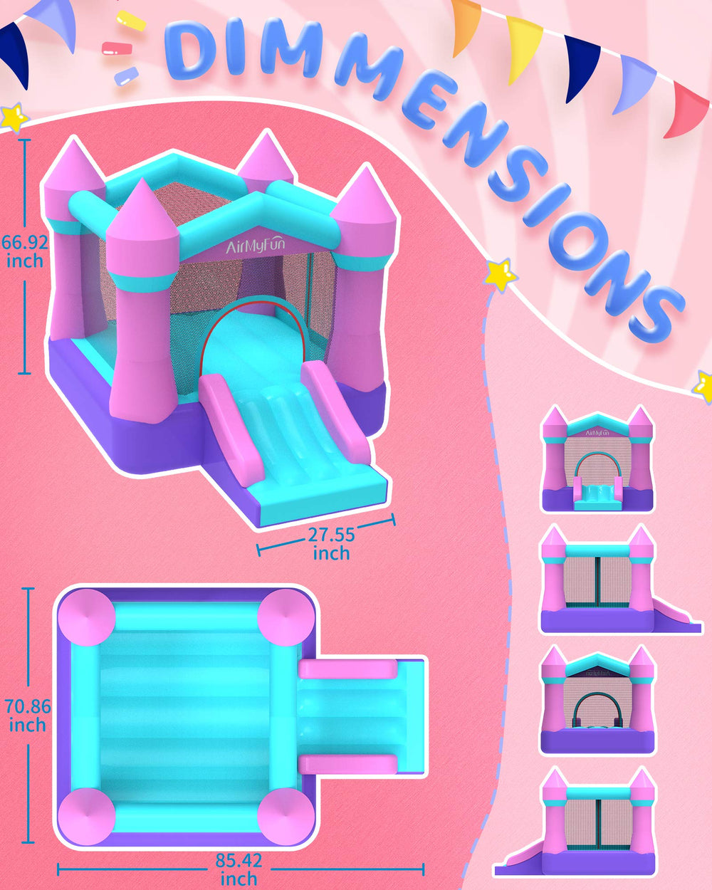 AirMyFun pink bounce house keeps kids in safe, supervised fun.