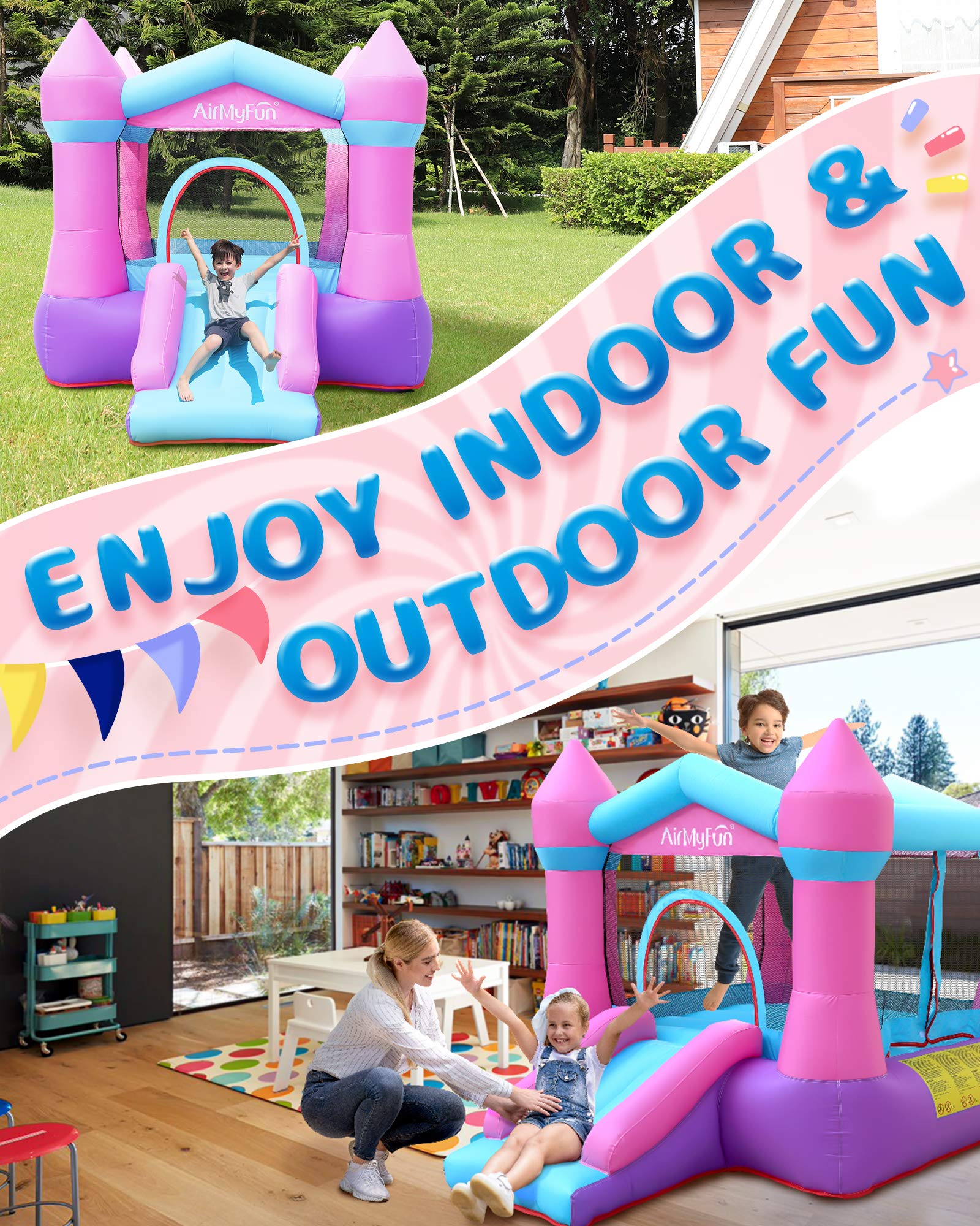 AirMyFun pink bounce house outdoors, quick and simple to set up.