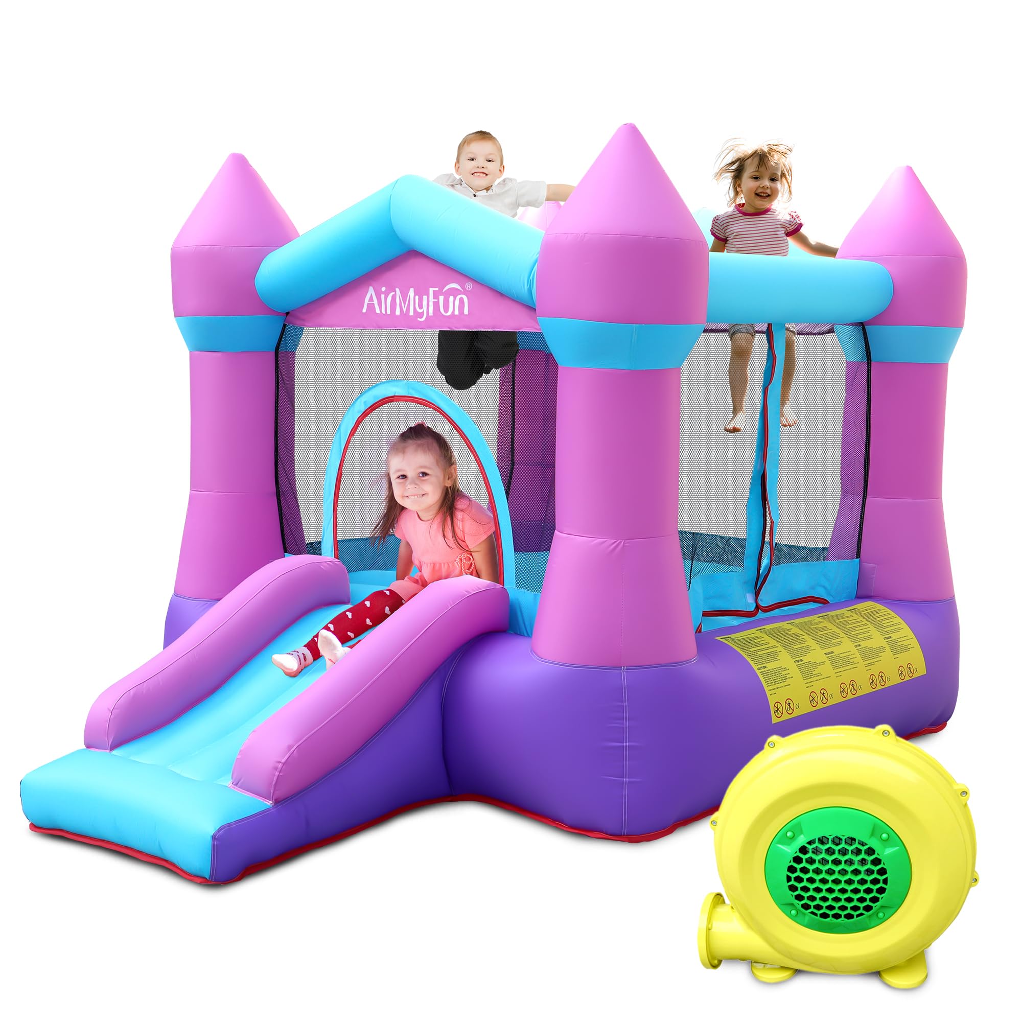 AirMyFun pink bounce house setup for easy family playtime indoors or outdoors.