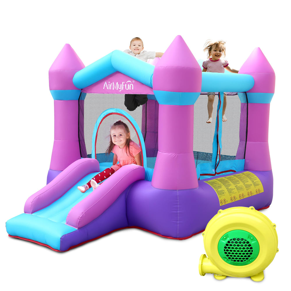 AirMyFun pink bounce house setup for easy family playtime indoors or outdoors.