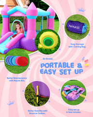 AirMyFun pink bounce house storing neatly in the carrying bag after use.