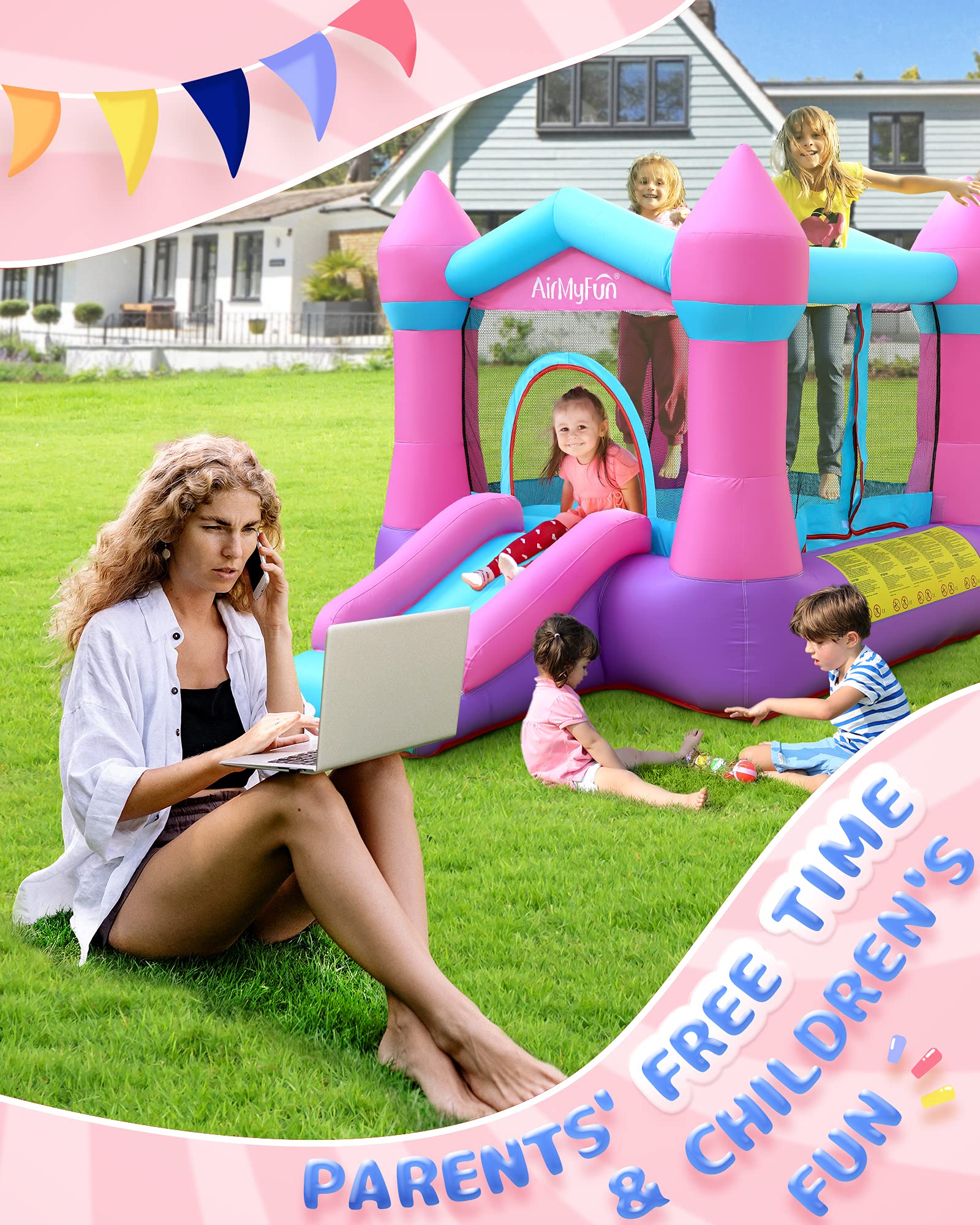 AirMyFun pink bounce house includes blower and stakes for stability.