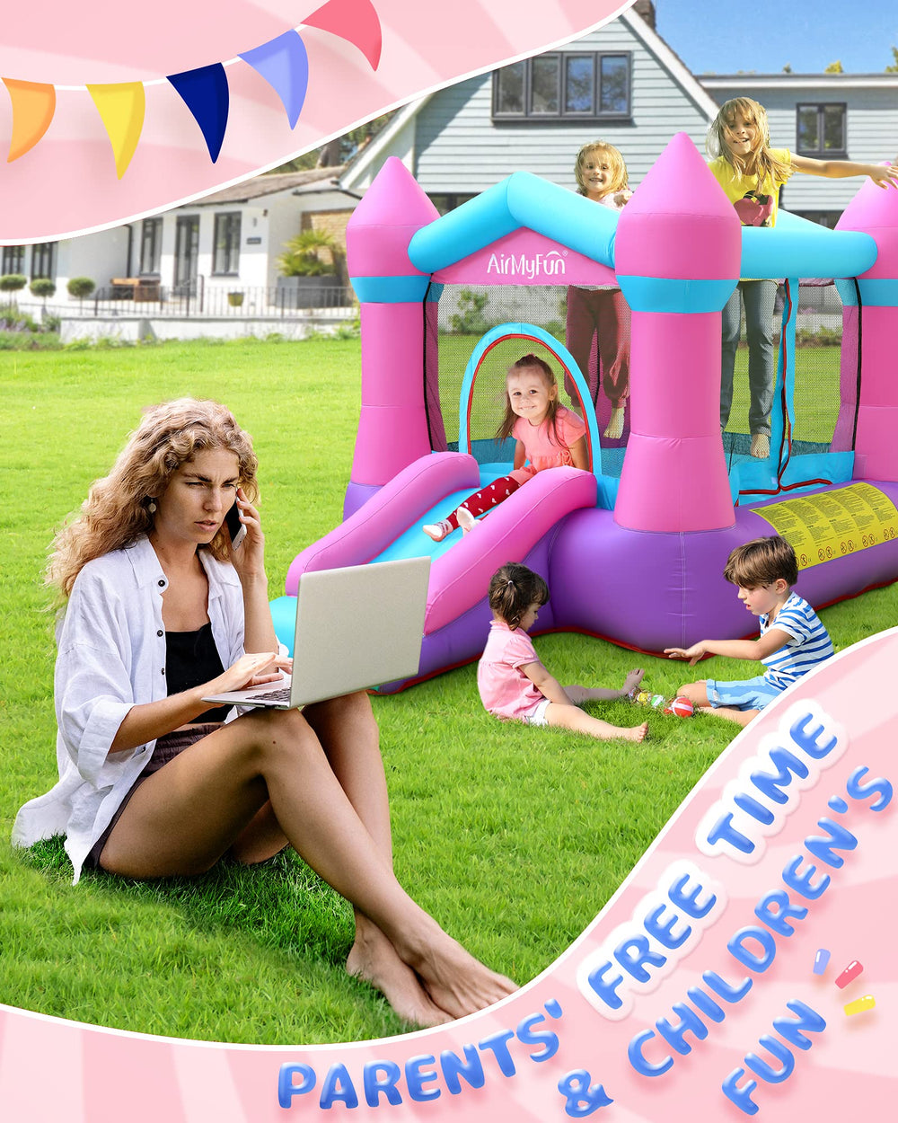 AirMyFun pink bounce house includes blower and stakes for stability.