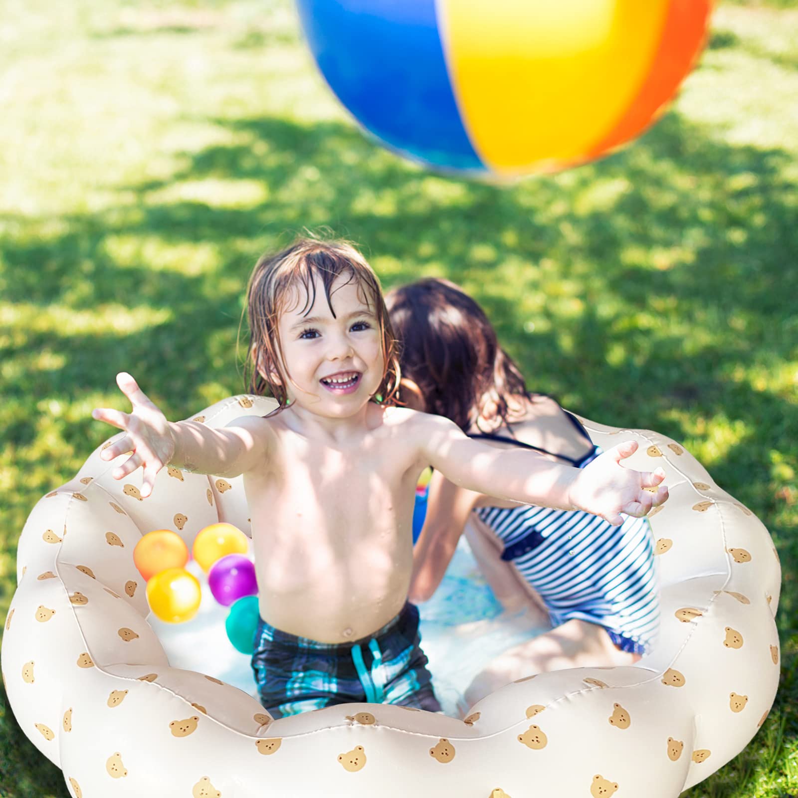 AirSwim bear head pool inflated dimensions illustrate compact backyard splash zone