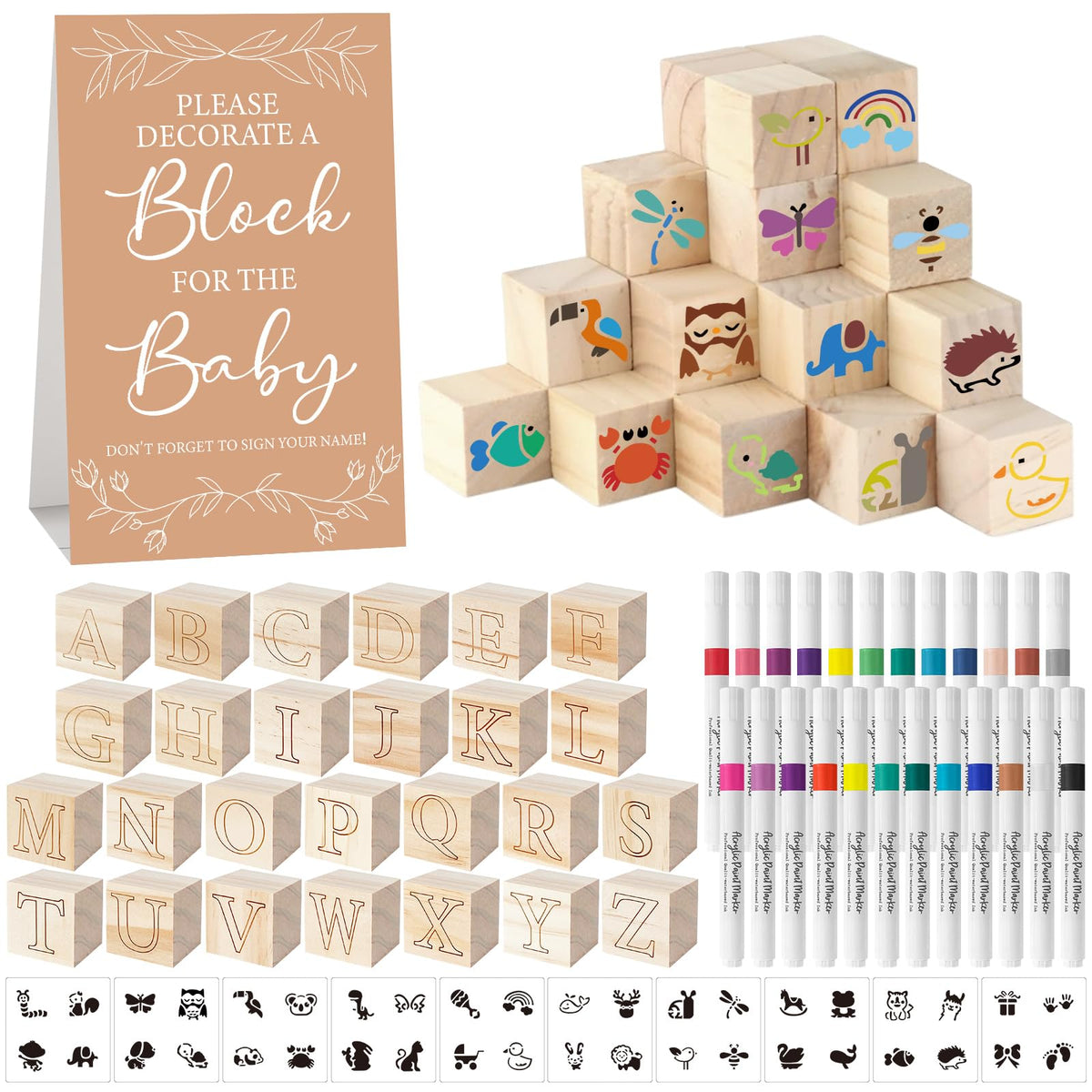 Aisharery baby shower blocks kit with 52 wooden blocks for personalized alphabet decor