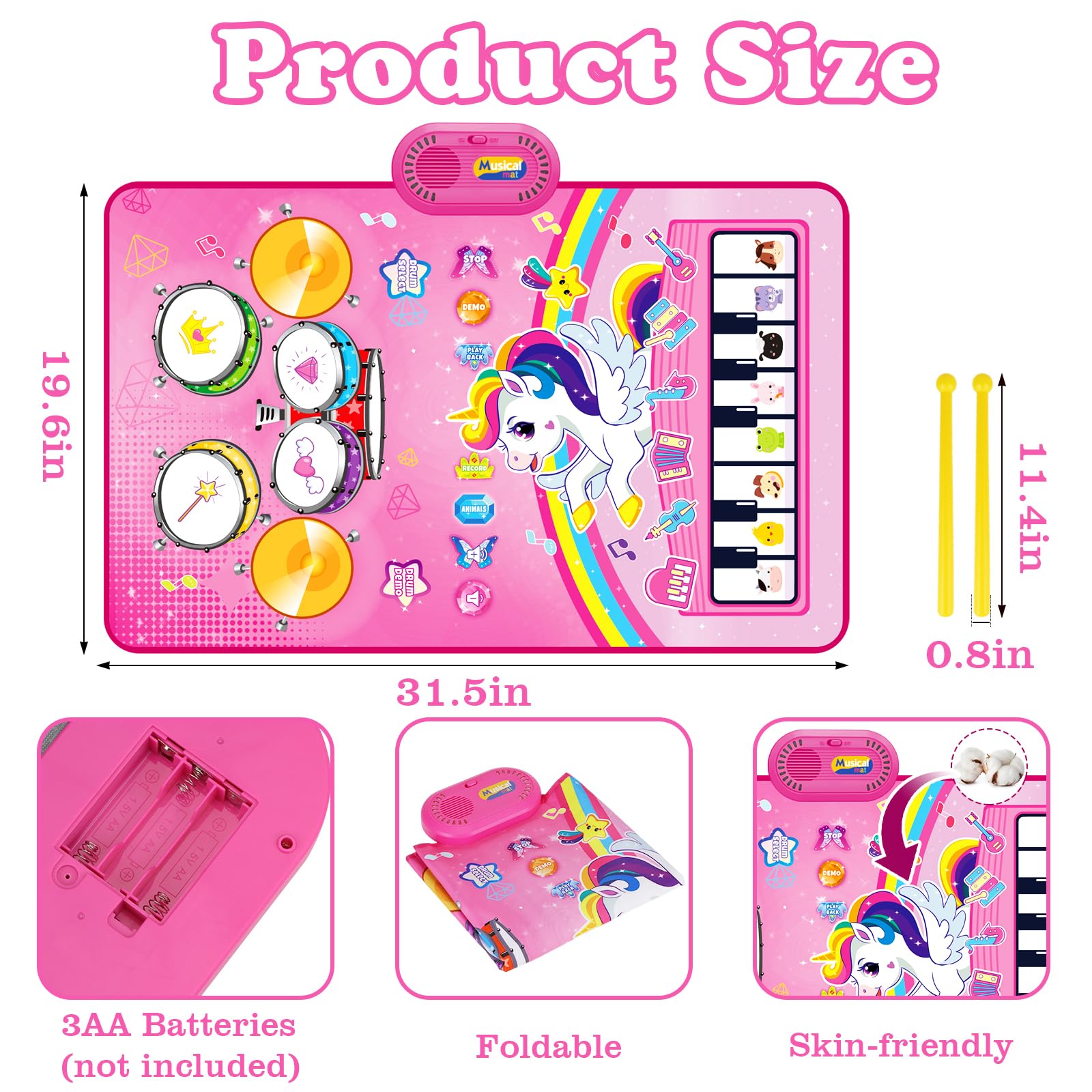 Aitbay unicorn music mat drum side with sticks supports rhythm and active play.