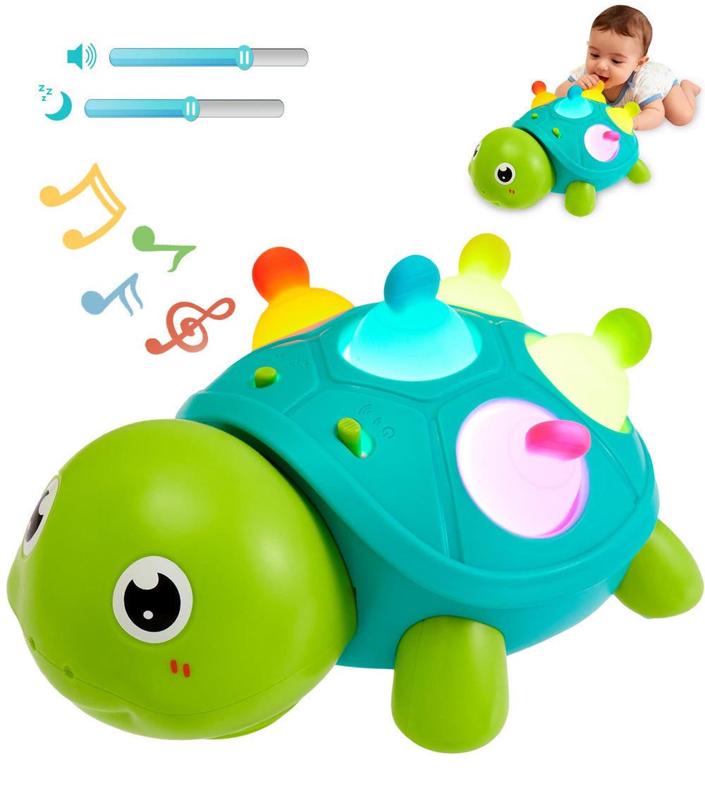 AiTuiTui baby crawling turtle toy with lights and music encourages tummy time exploration.