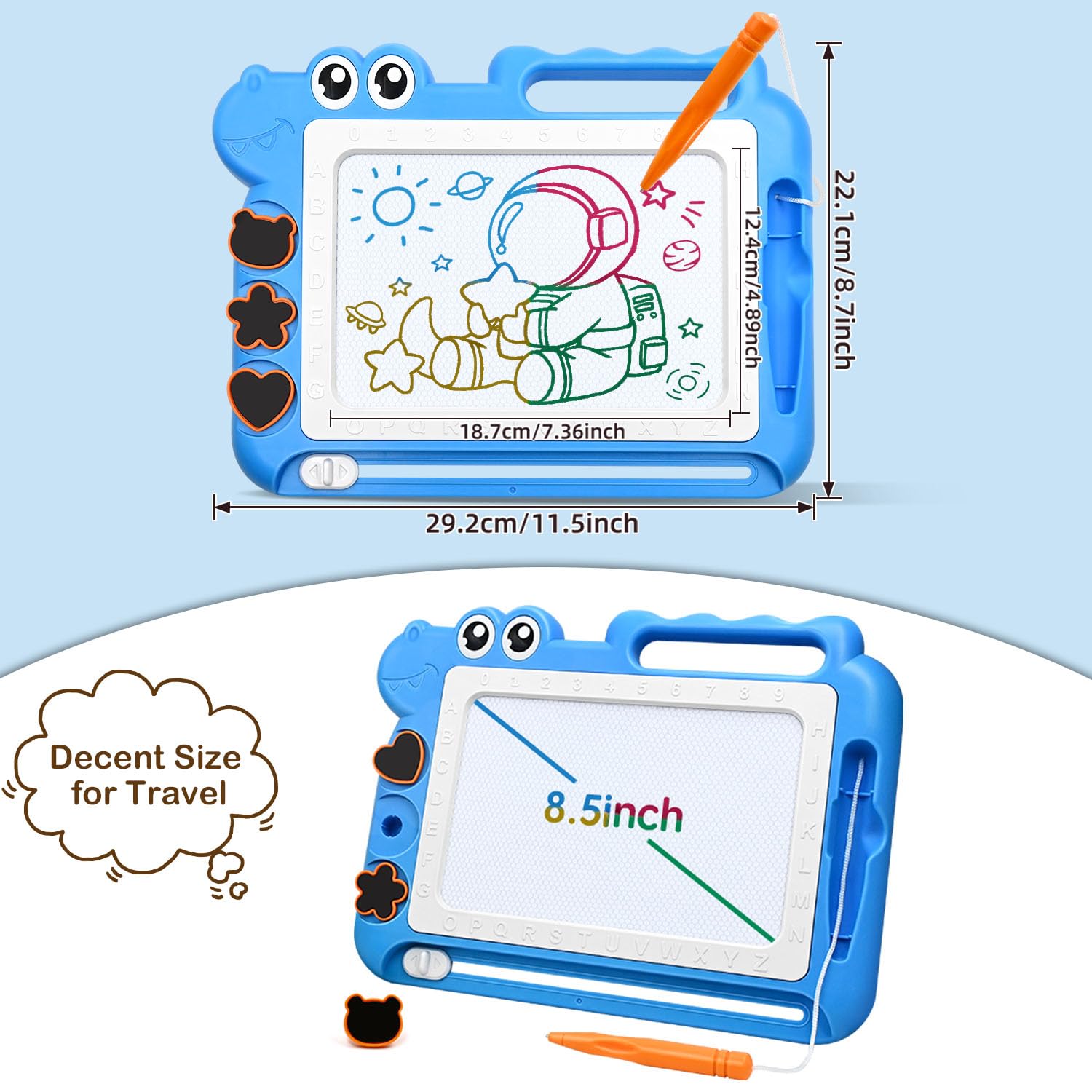 AiTuiTui magnetic drawing board blue dinosaur look; engaging design encourages imaginative doodling.