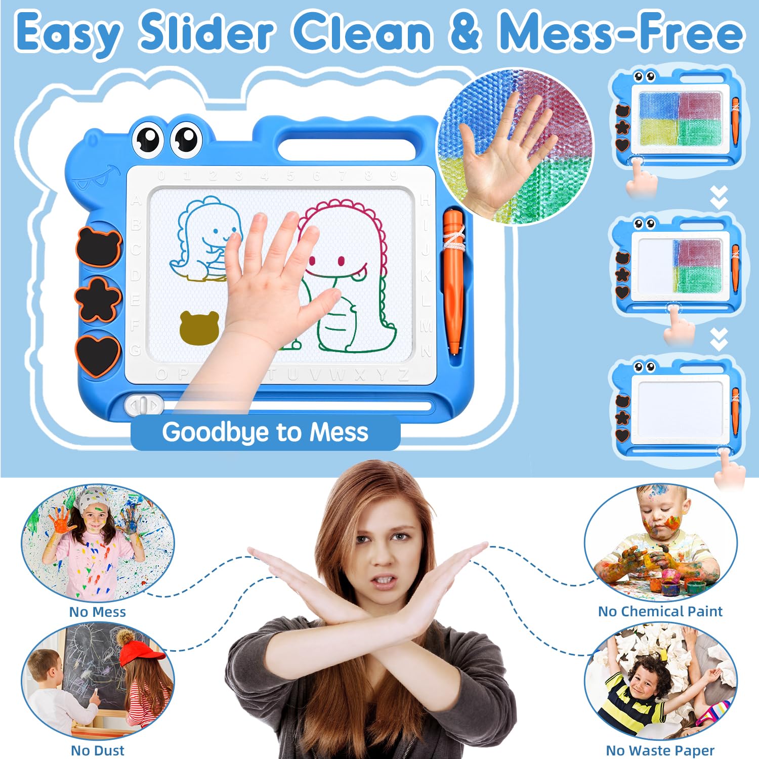 AiTuiTui magnetic drawing board sliding eraser; quick clean starts for fresh doodles.
