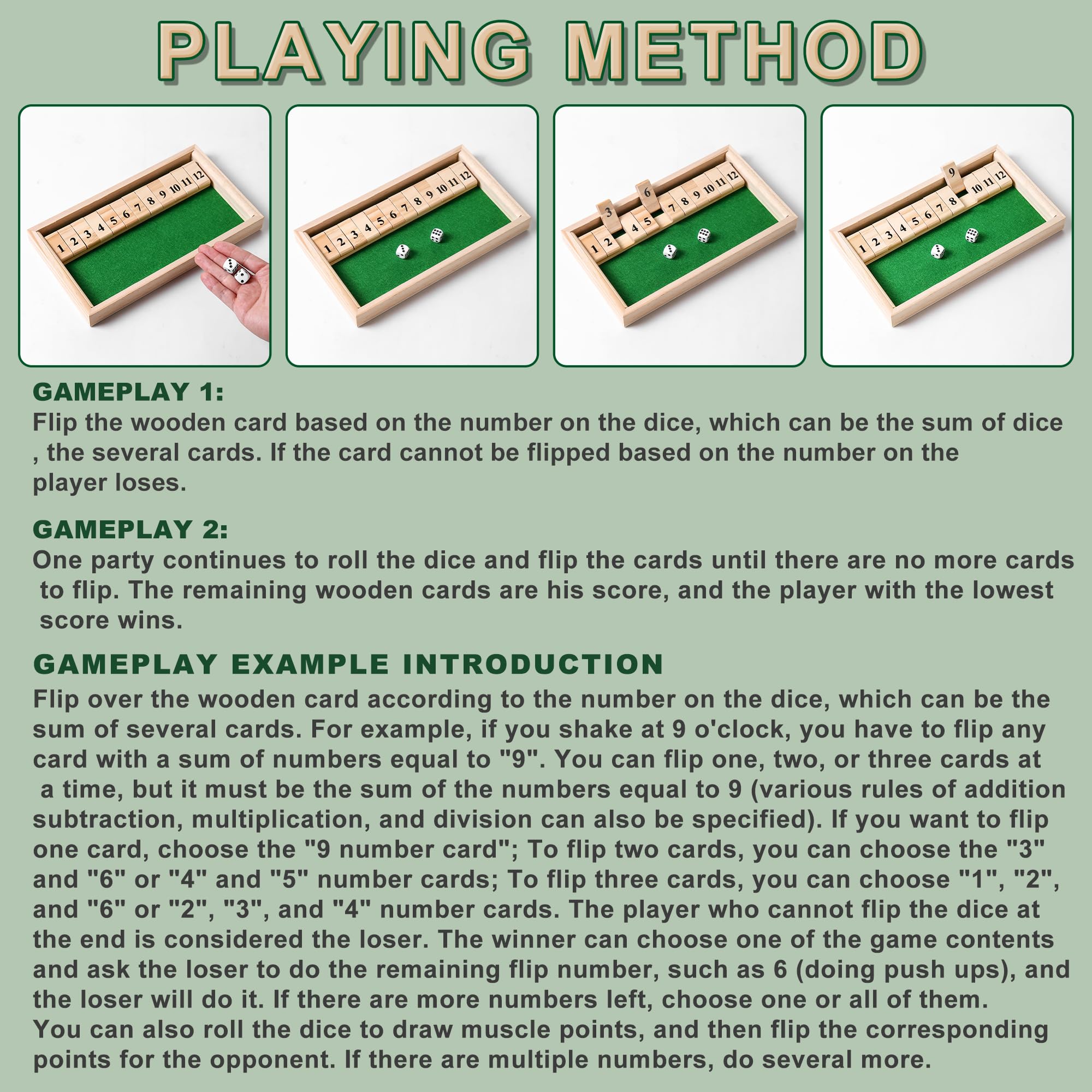 AIUAZA Shut The Box tiles 1-12 laid out on green felt.