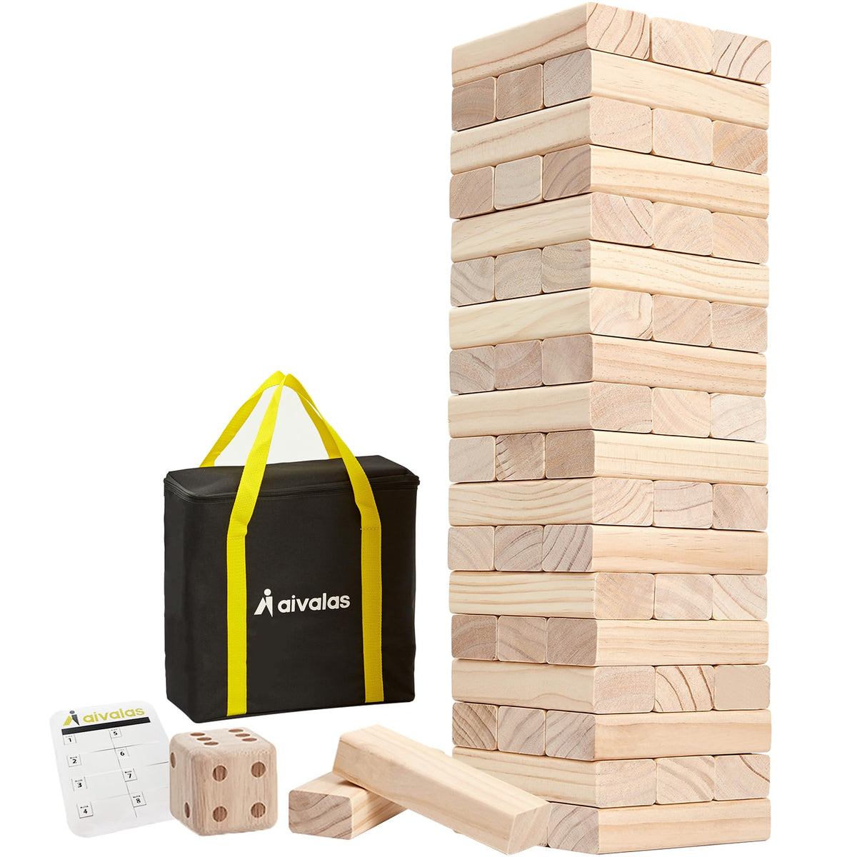 Aivalas Giant Tumble Tower blocks stacked for backyard play and family fun.