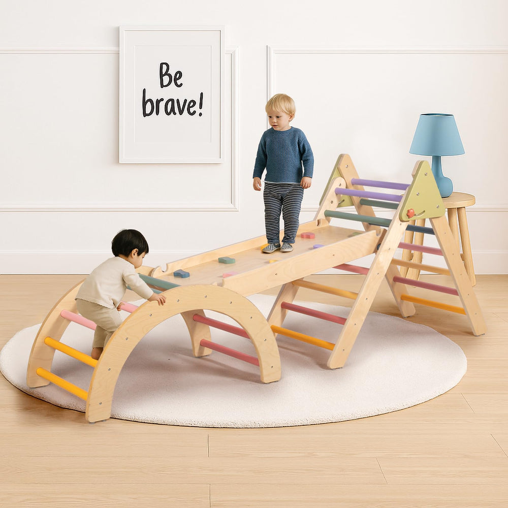 aiwo 7-in-1 Pikler triangle arch ladder supports versatile climbing configurations
