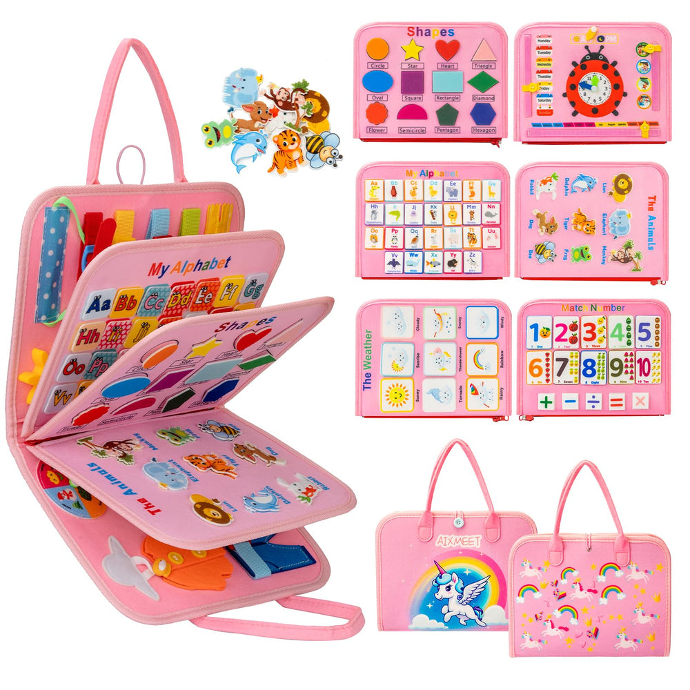 AIXMEET Toddler Busy Board unicorn design promotes imaginative play on the go.