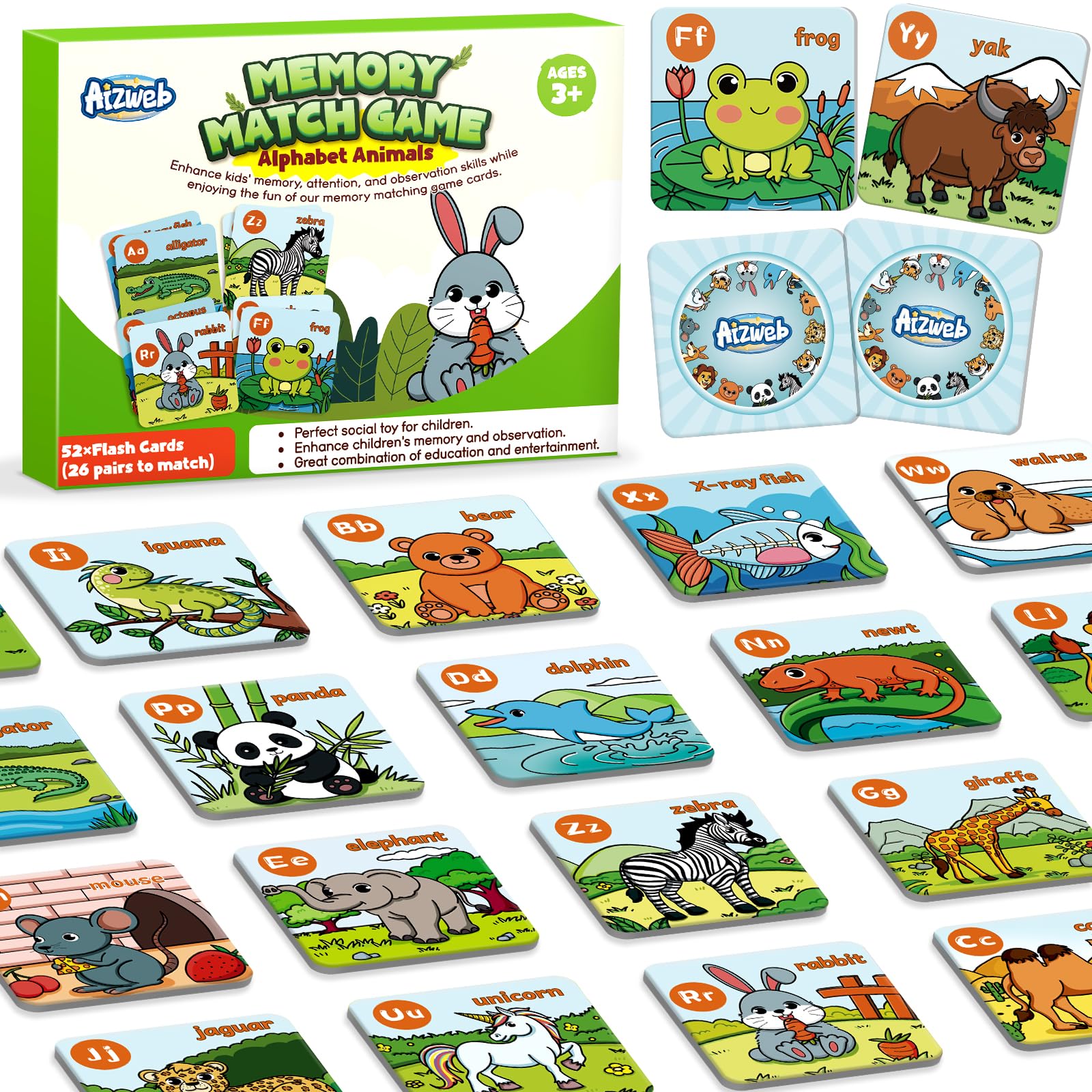 Aizweb Alphabet Match Game cards with bright letters for memory matching fun.