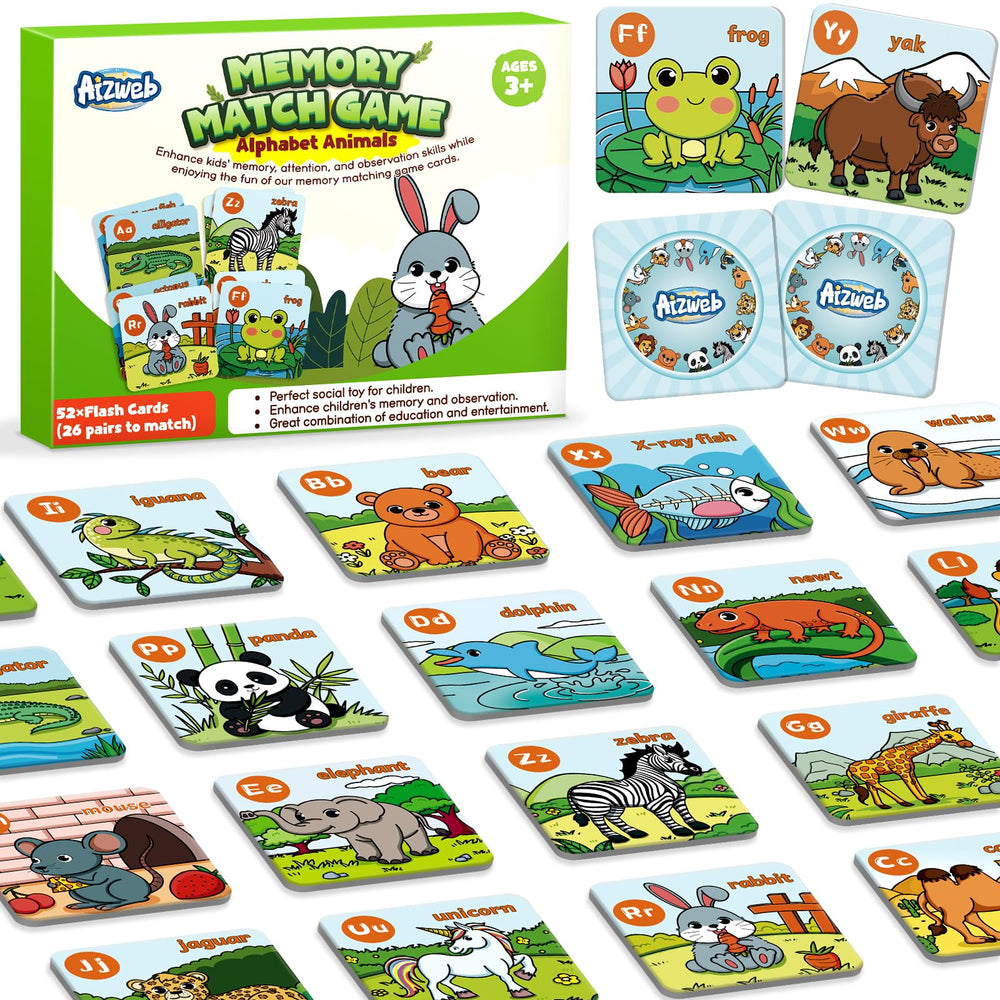 Aizweb Alphabet Match Game cards with bright letters for memory matching fun.