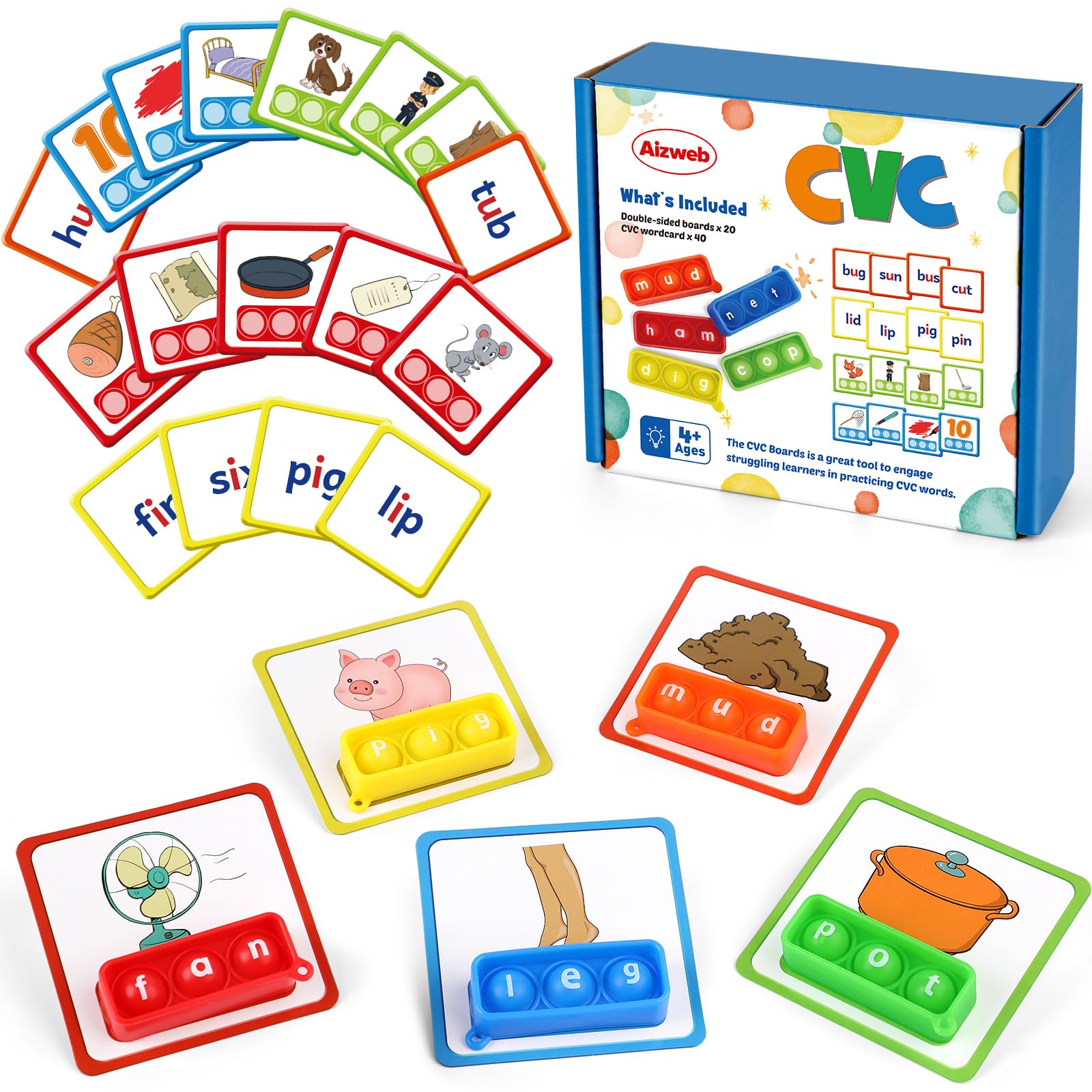 Aizweb CVC pop-it with side buttons for multisensory word building on the go.