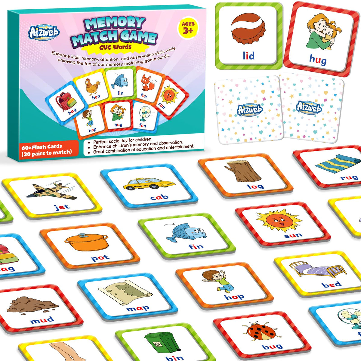 Aizweb CVC Word Match Game: 60-card tiles for memory and early literacy practice.