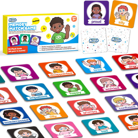 Aizweb Feelings Emotions Match Game cards for recognizing feelings and memory practice.