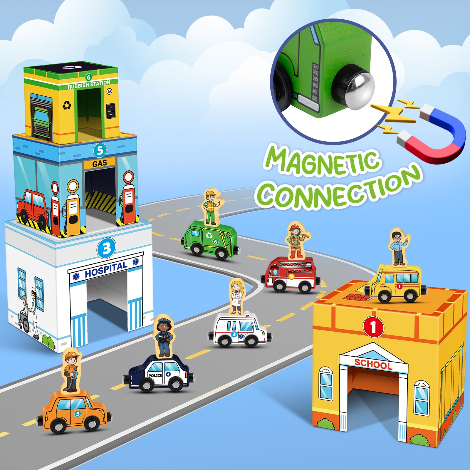Aizweb magnetic wooden cars connect for city-building play