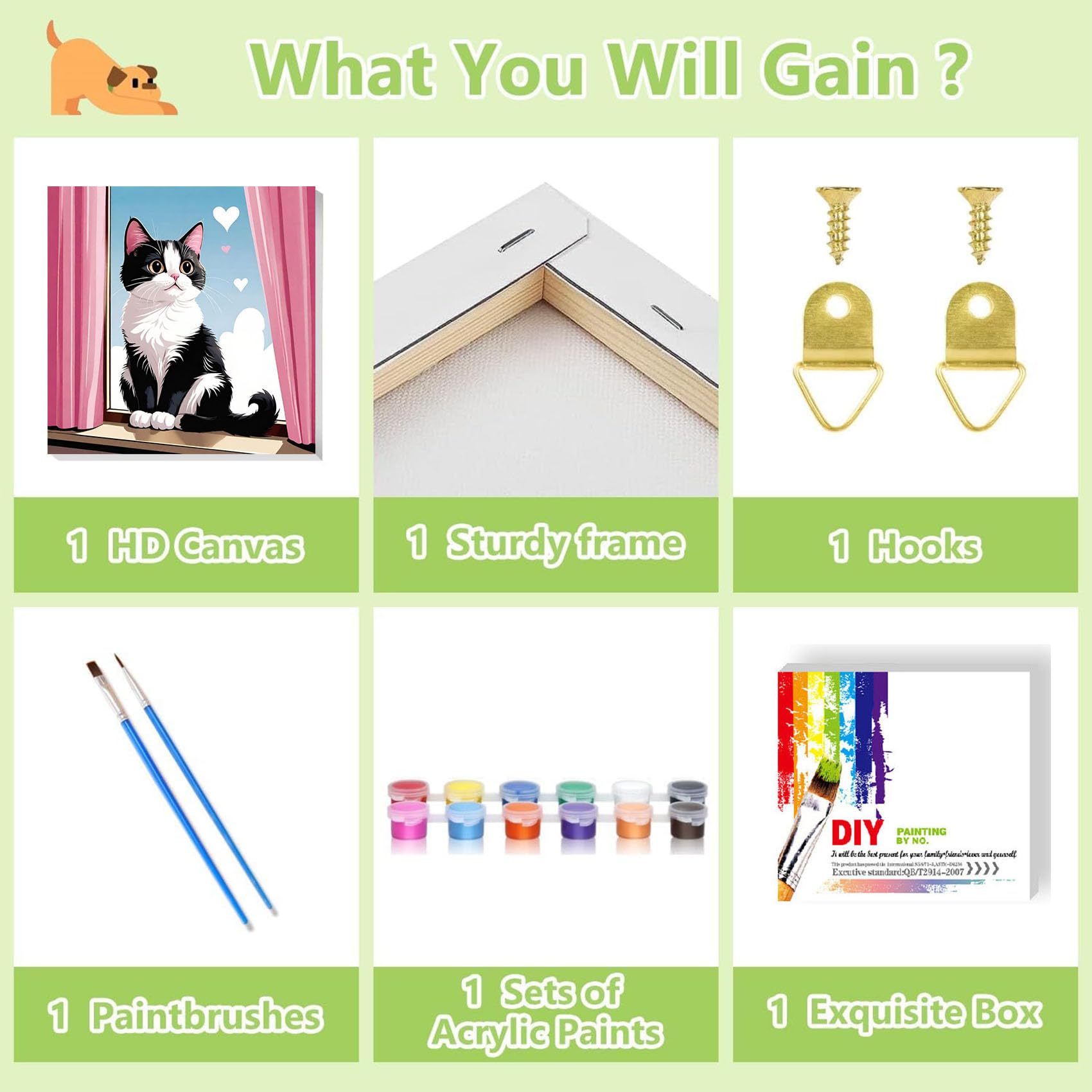 Ajepon wooden easel display showcases the finished cat painting.