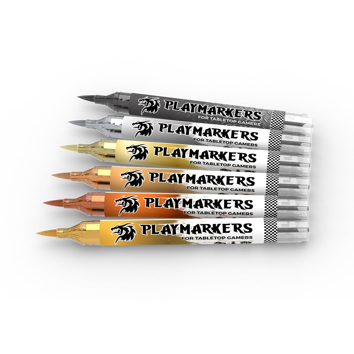 AK Interactive Playmarkers AKM105 color swatches demonstrate high-coverage tones for layered metallic effects.