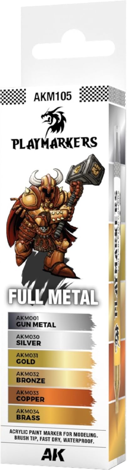 AK Interactive Playmarkers AKM105 Full Metal set for fast-drying, precise armor and weapon painting.