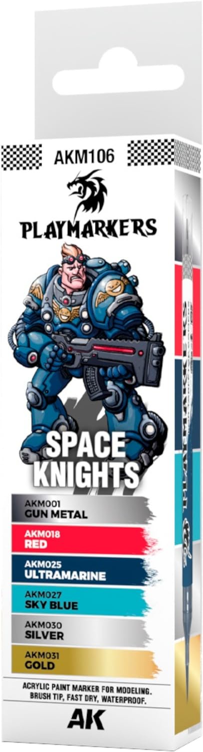 AK Interactive Playmarkers Space Knight 6x pack shot highlighting easy-to-use markers for precise model painting.