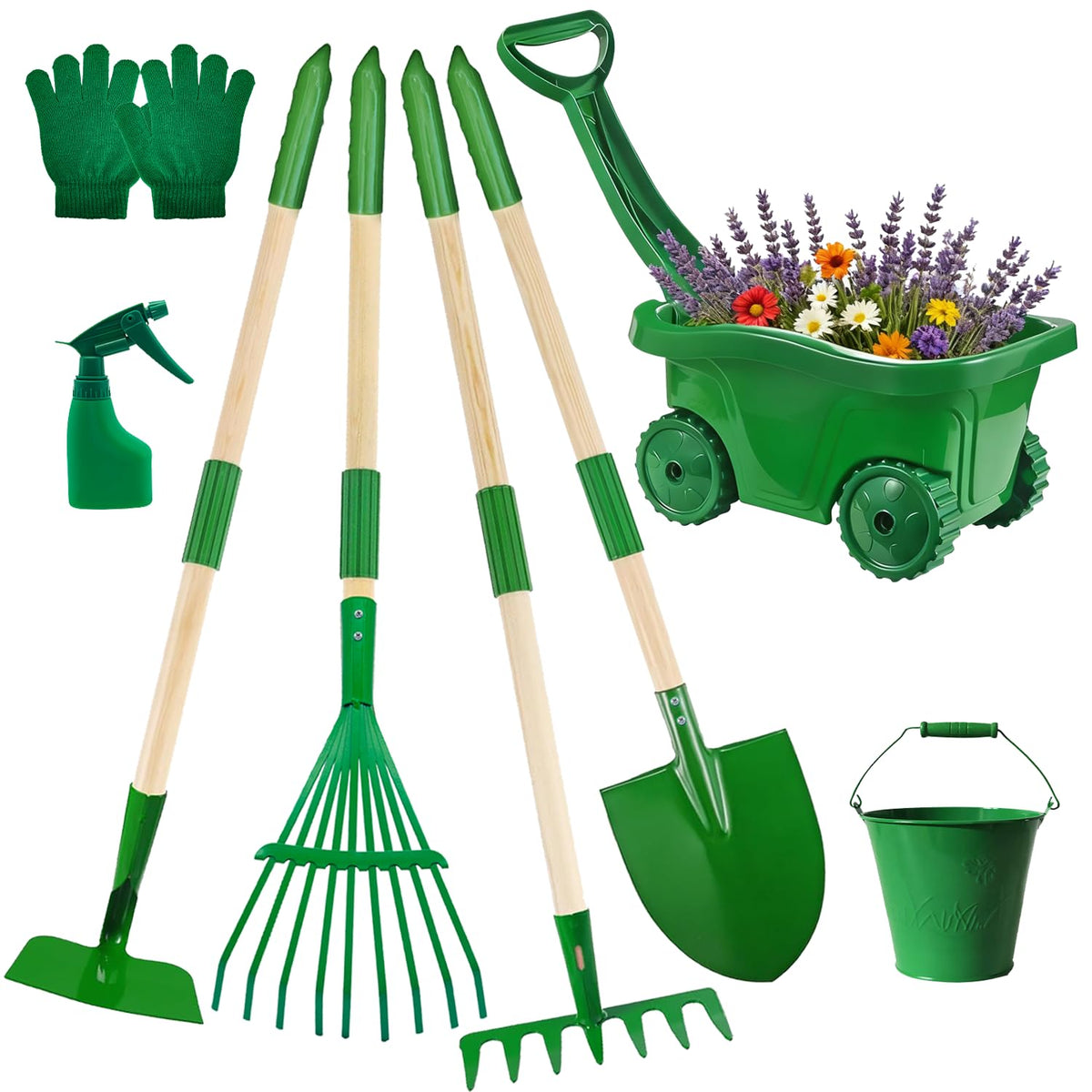 Aka Supaku kids wheelbarrow with tools ready for outdoor garden play.