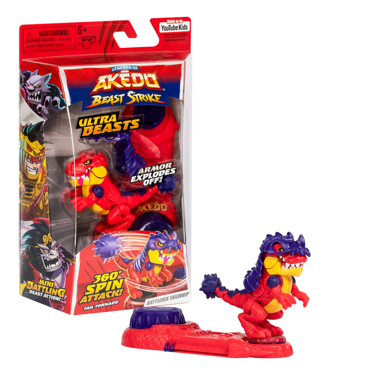Akedo Battlerex Tailwhip 360-degree spin for dynamic battles.