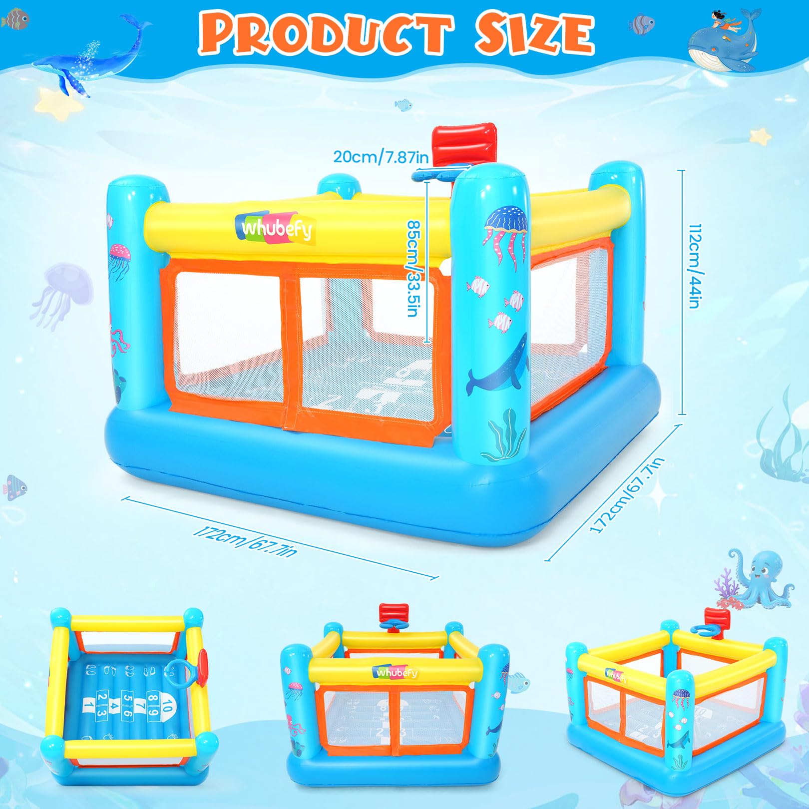AKEYDIY Bounce House safety net highlights secure, supervised play.