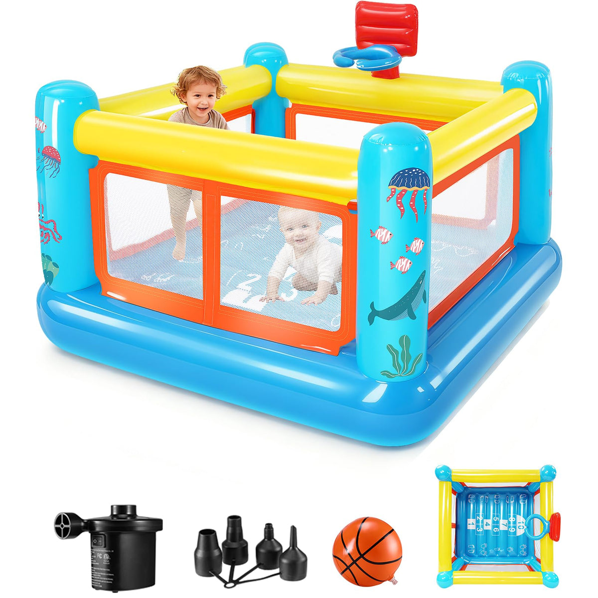 AKEYDIY inflatable bounce house indoors, safe PVC for energetic indoor play.