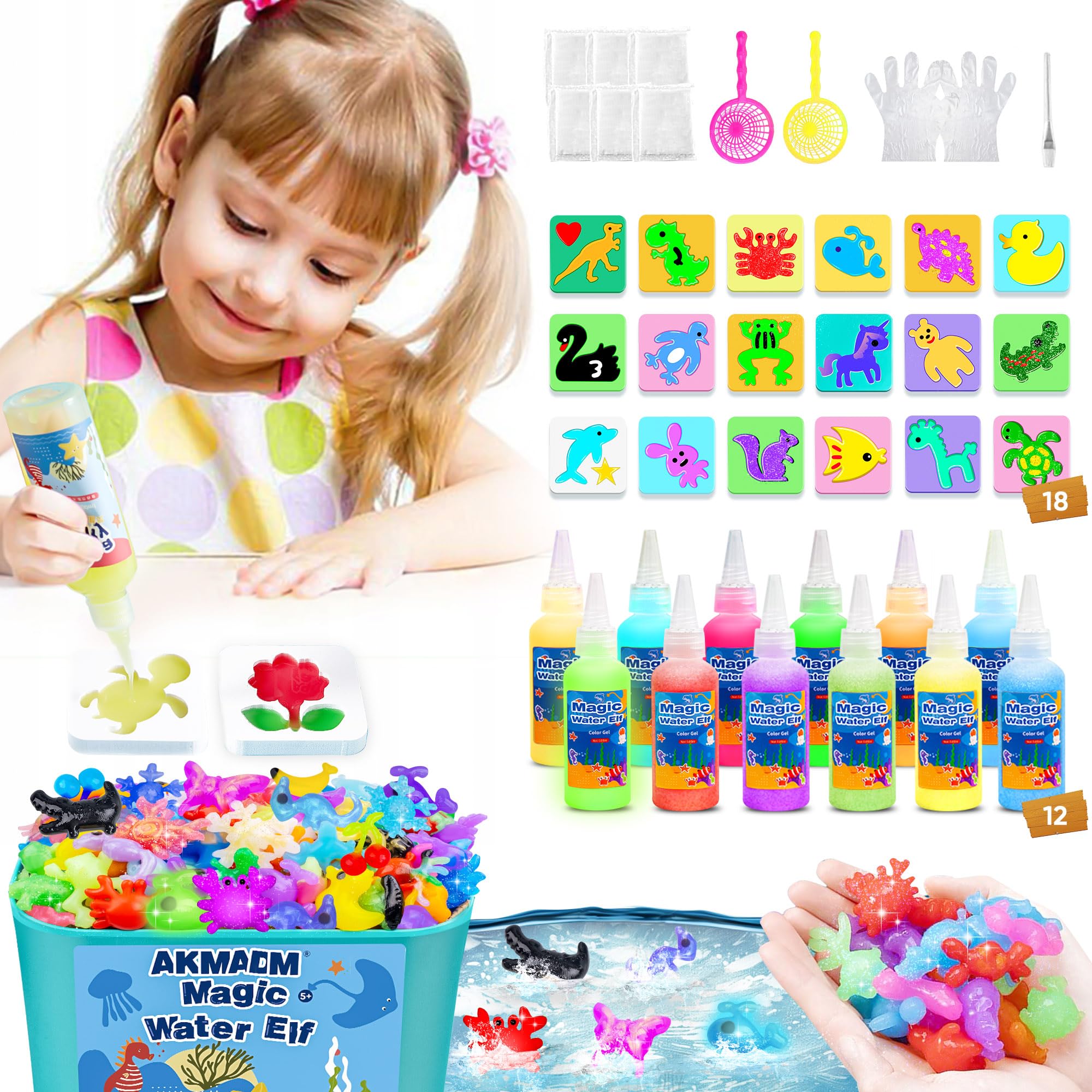 AKMADM Magic Water Elf Kit showing 18 molds for creative play.