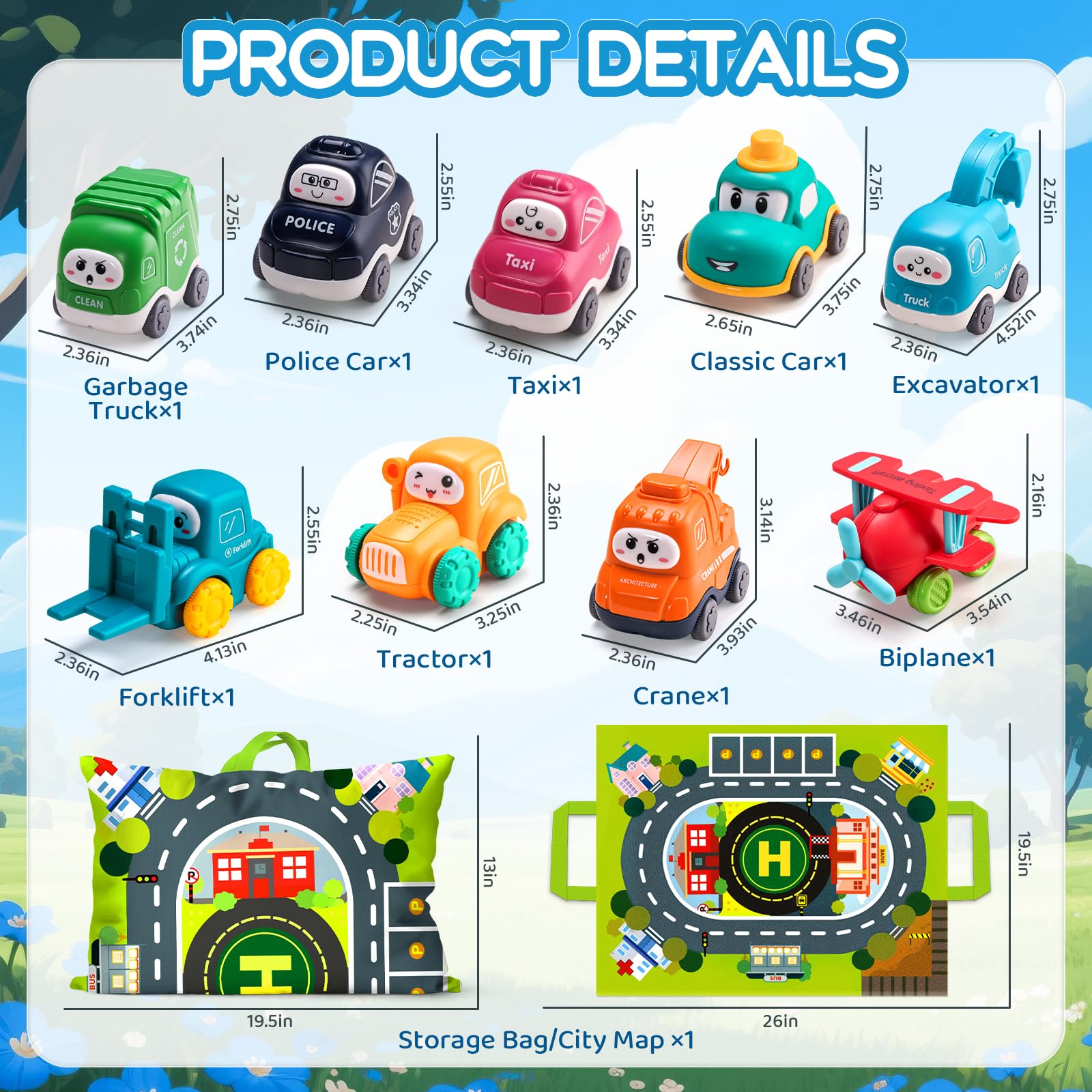 ALASOU crane cars with storage bag help keep the play area organized.
