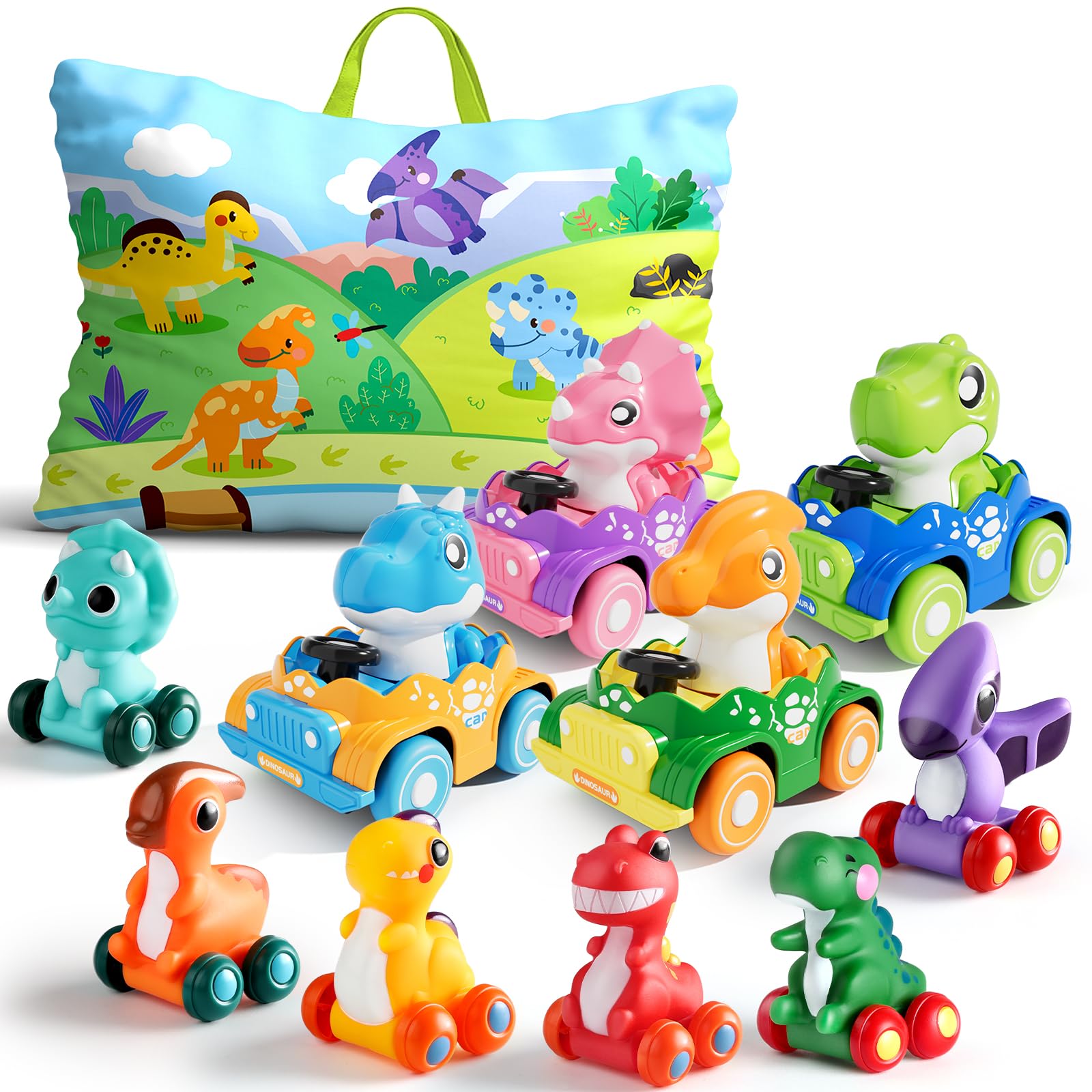 ALASOU plastic green dinosaur car for tactile play and color recognition.