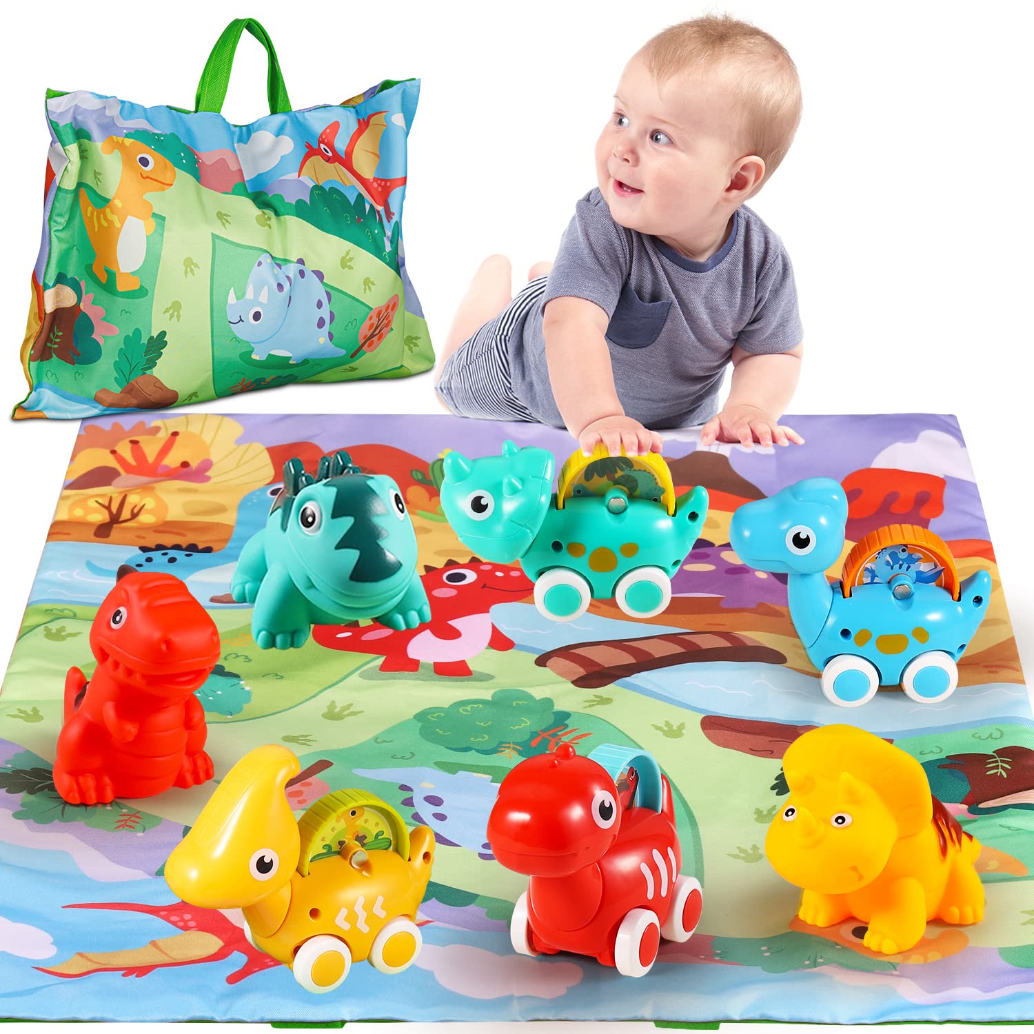ALASOU dinosaur playmat with fantastic creatures cars for imaginative play and safe exploration.