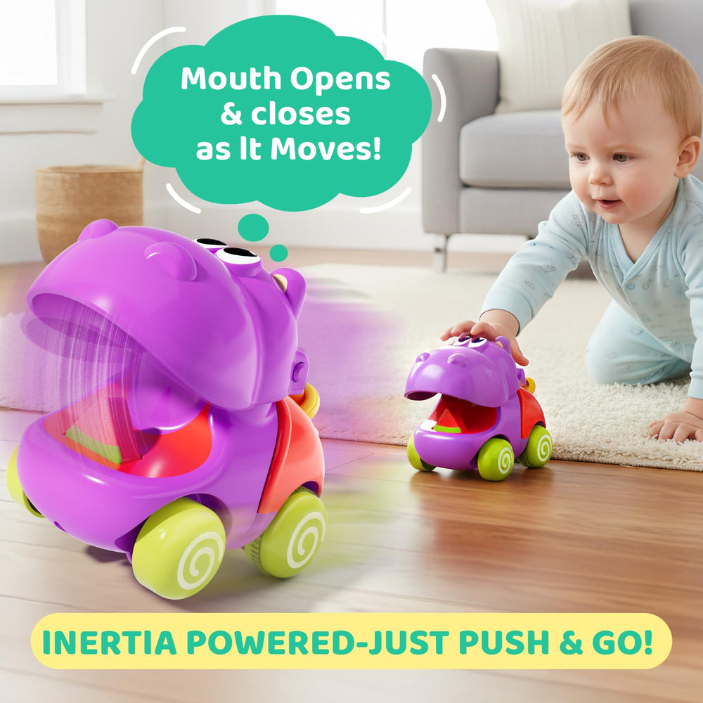 ALASOU Push and Go hippo car toy with smooth edges.