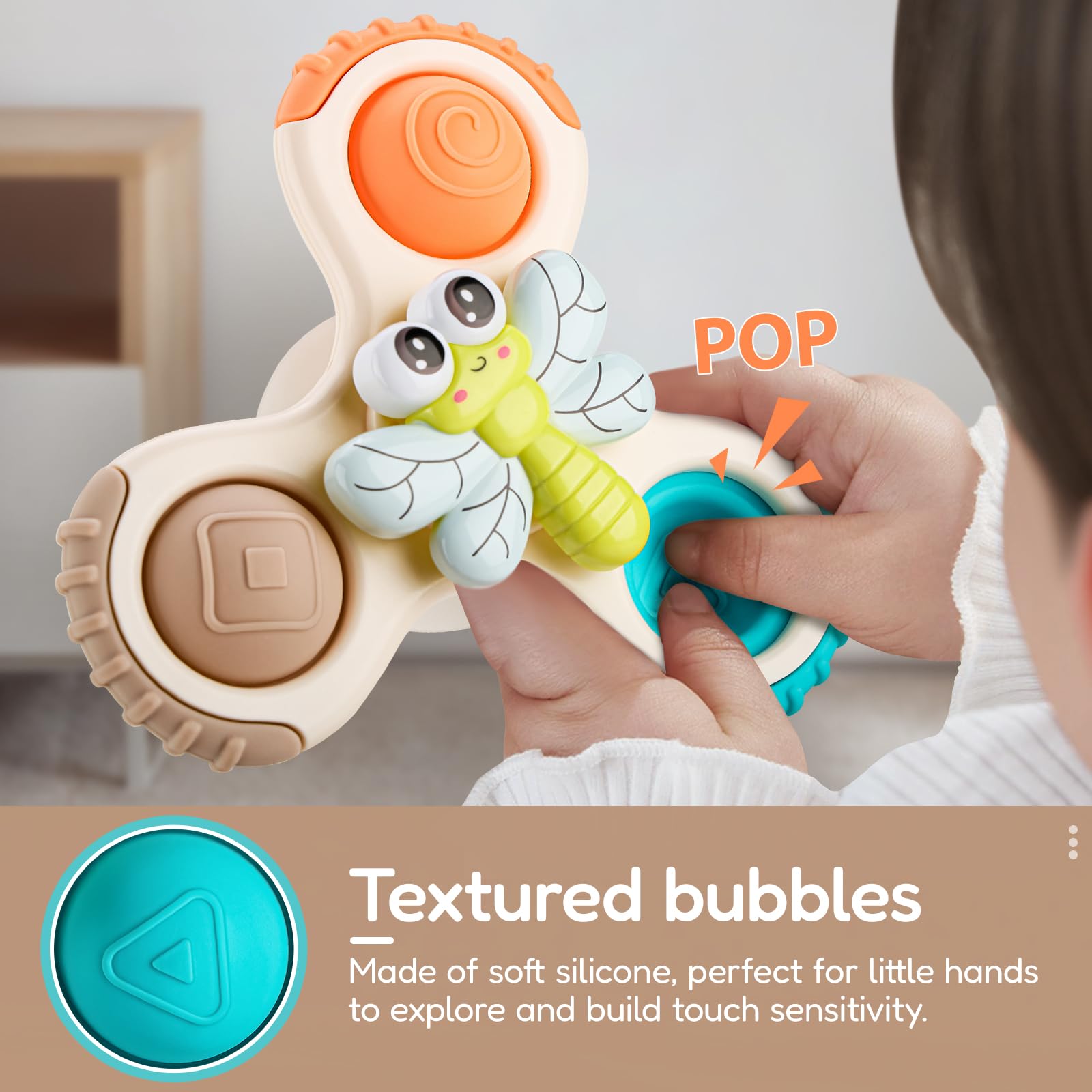 ALASOU spinner toy for baby and toddler supports fine motor skills.