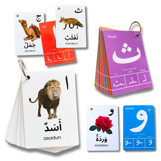 Albidaya Arabic Alphabet Flash Cards set for kids with vibrant colors to aid recognition