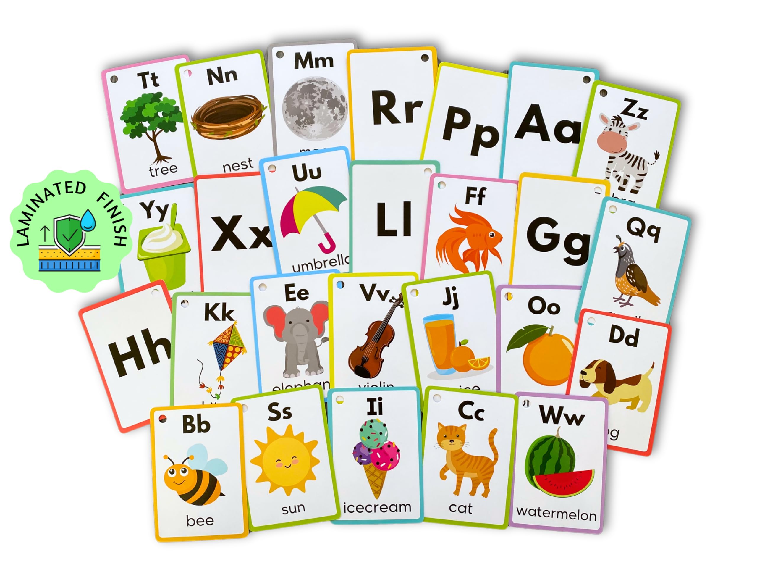 Albidaya colorful illustrated letters help with letter identification and word association.
