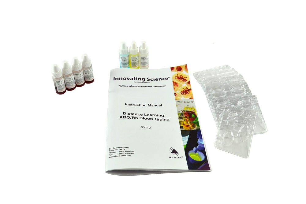 ALDON blood typing kit with simulated samples demonstrates ABO/Rh typing for hands-on learning