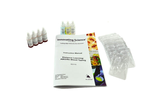 ALDON blood typing kit with simulated samples demonstrates ABO/Rh typing for hands-on learning