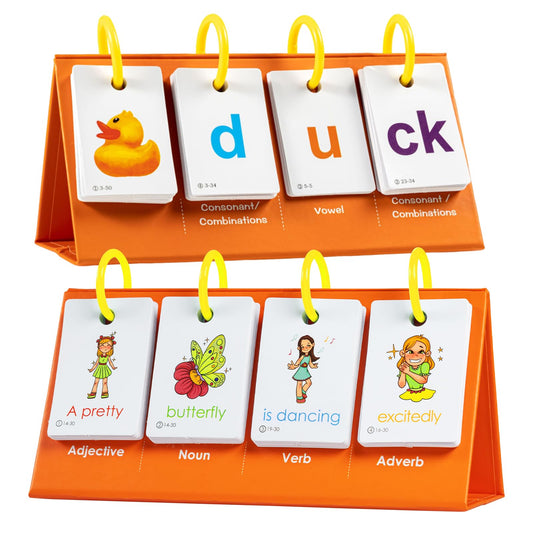 Alened Phonics flash cards show CVC word building with letters and pictures for hands-on learning.