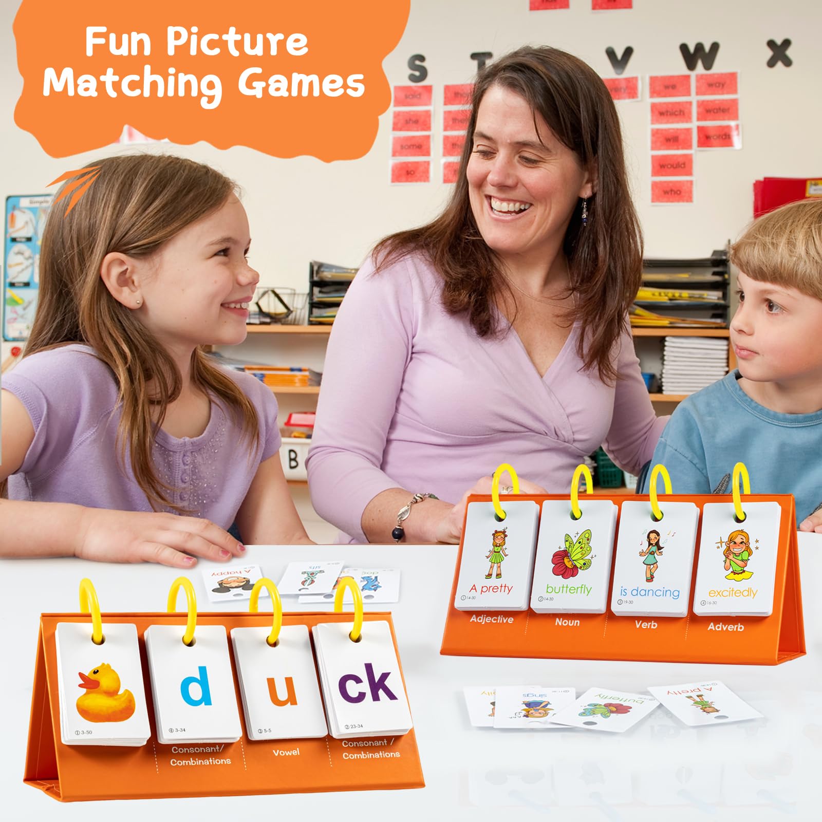 Alened Phonics flash cards feature vibrant pictures to engage kids during classroom or home practice.