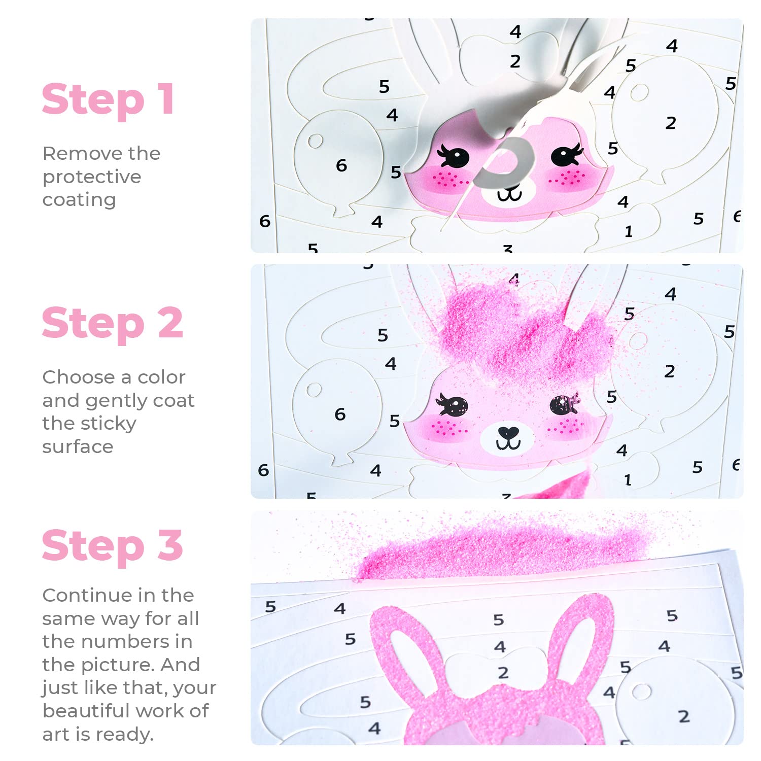 ALEXES sticky-number sand art shows simple steps for engaging, hands-on decorating.